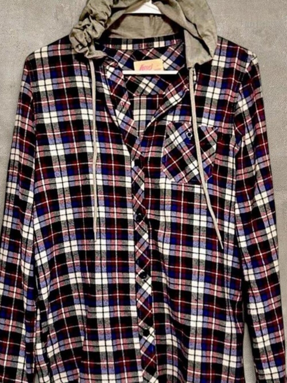 Button-up purple, white, blue, and red plaid flannel shirt with hood, size L